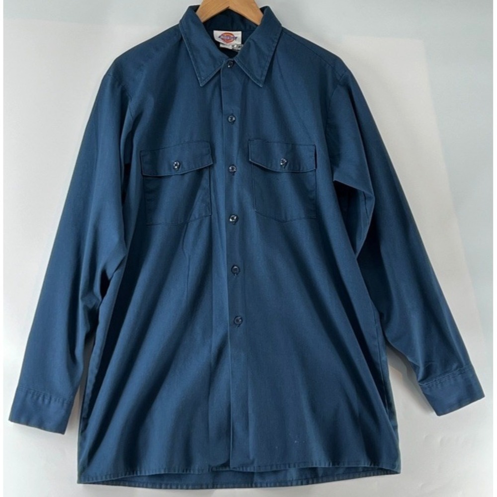 VTG 80s Dickies Work Shirt Navy Long Sleeve 16-16.5 Large Mechanic USA Grunge